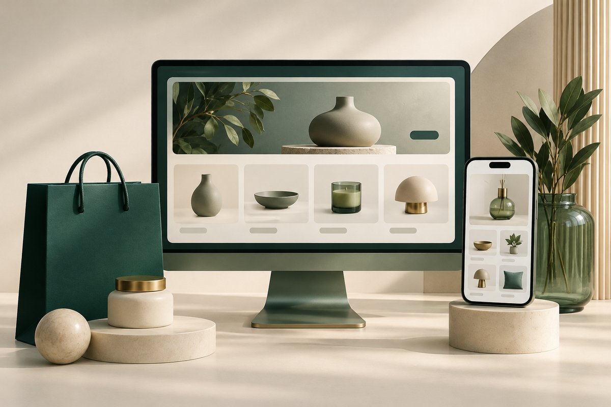 Illustration d’une boutique en ligne sur ordinateur et mobile, pour les services de commerce électronique Inovago.