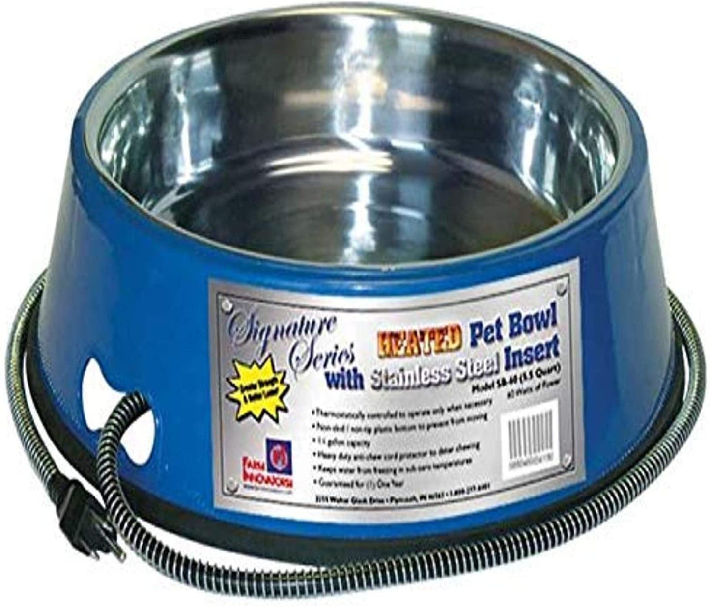 Farm Innovators Model SB-60 5-1/2-Quart Heated Pet Bowl with Stainless Steel Bowl Insert, Blue, 60-Watt